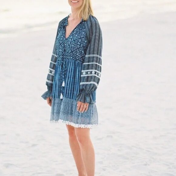 Hemant & Nandita Indigo Blue Print Boho Tassel Long Sleeve Flowy Mini Dress Sz L - Picture 3 of 12
